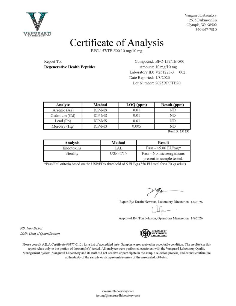 BPC-157 + TB-500 Blend Analytical Certificate of Analysis - Lot 2026BPCTB10B