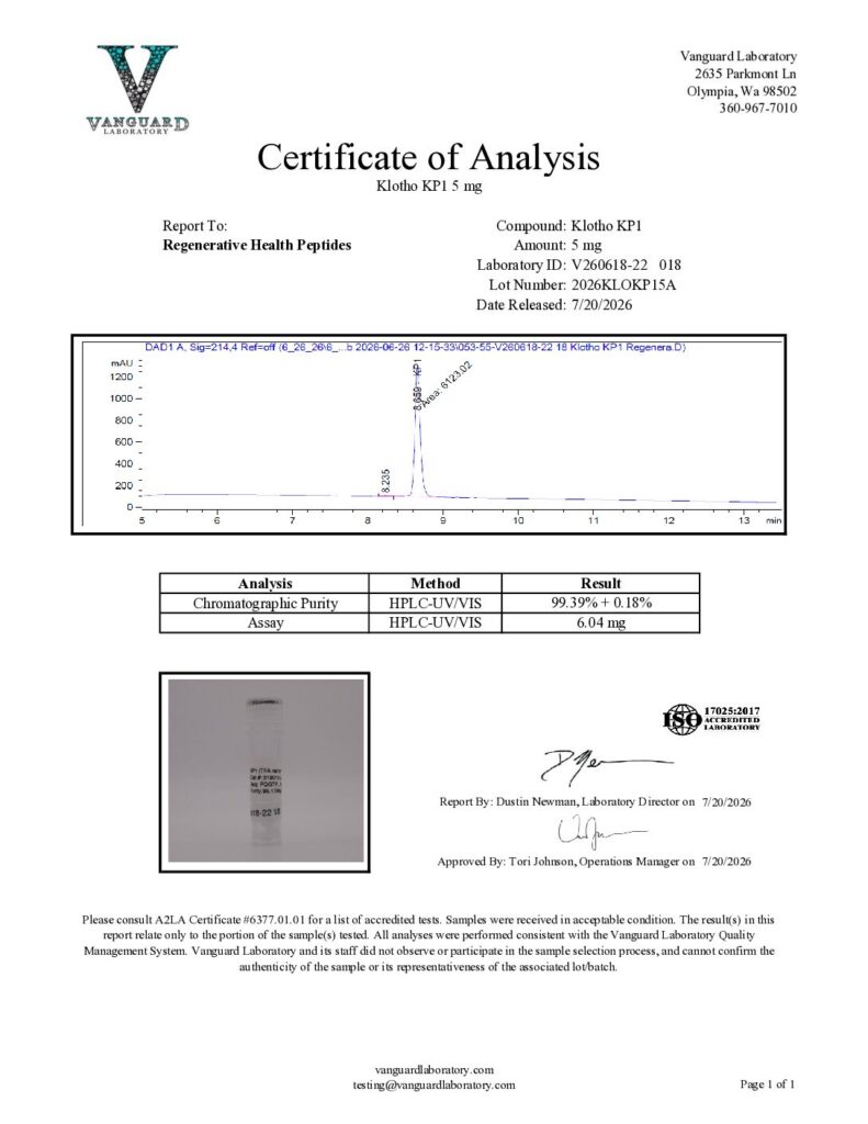 Klotho KP1 Analytical Certificate of Analysis - Lot 2026KLOKP15A
