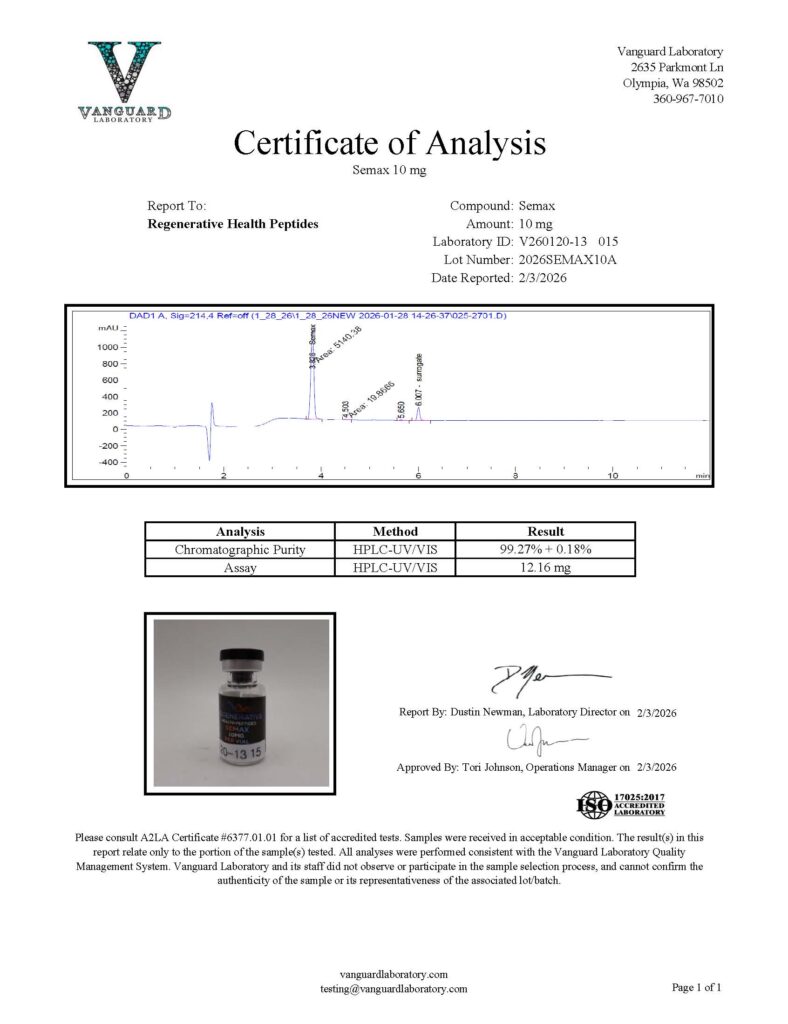 Semax Analytical Certificate of Analysis - Lot 2026SEMAX10A