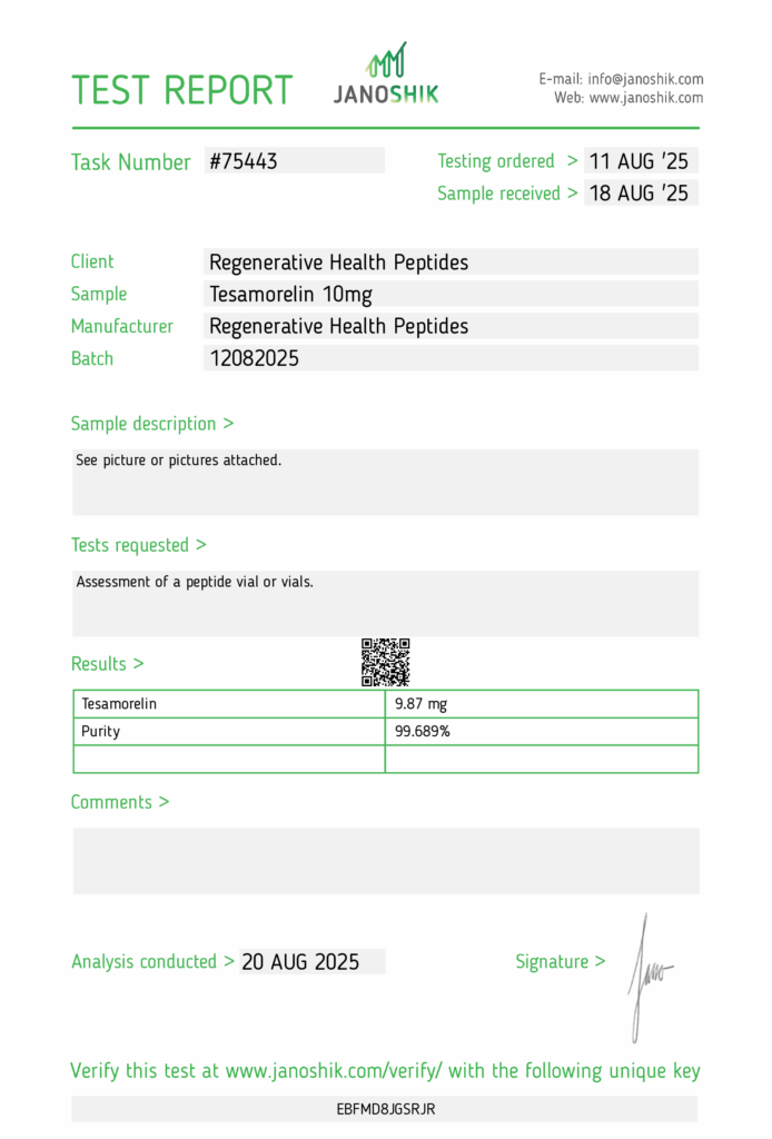 TH9507 " Compare to Tesamorelin" Analytical Certificate of Analysis - Lot 75443